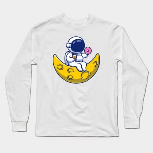 Cute Astronaut With Donut And Coffee On Moon Long Sleeve T-Shirt